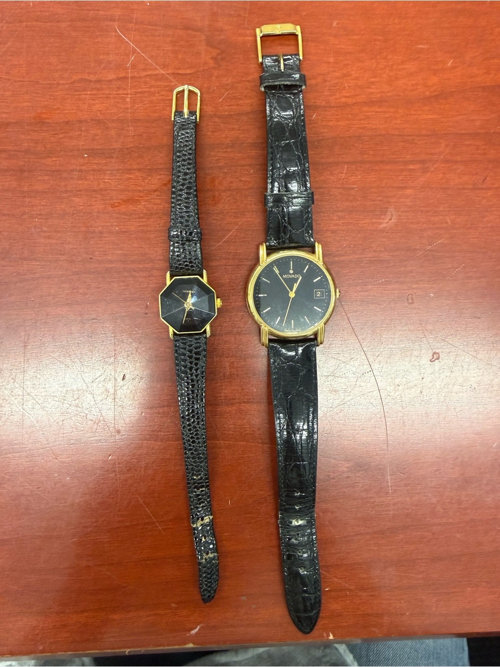 Movado Black Leather Strap Dress Watch - Gold Tone
